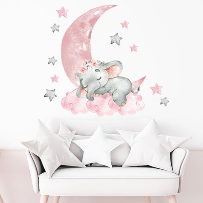 Pink Moon Star Baby Elephant Wall Sticker for Kids Room