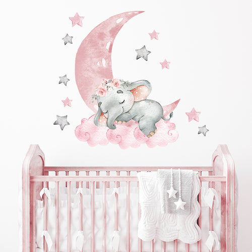 Pink Moon Star Baby Elephant Wall Sticker for Kids Room