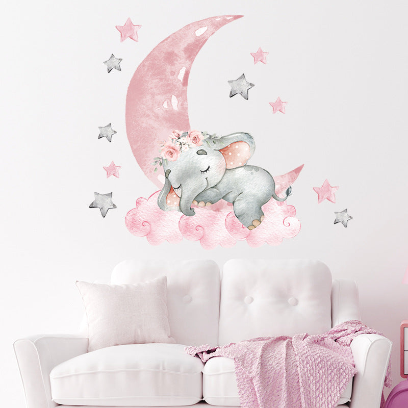 Pink Moon Star Baby Elephant Wall Sticker for Kids Room