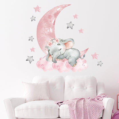 Pink Moon Star Baby Elephant Wall Sticker for Kids Room